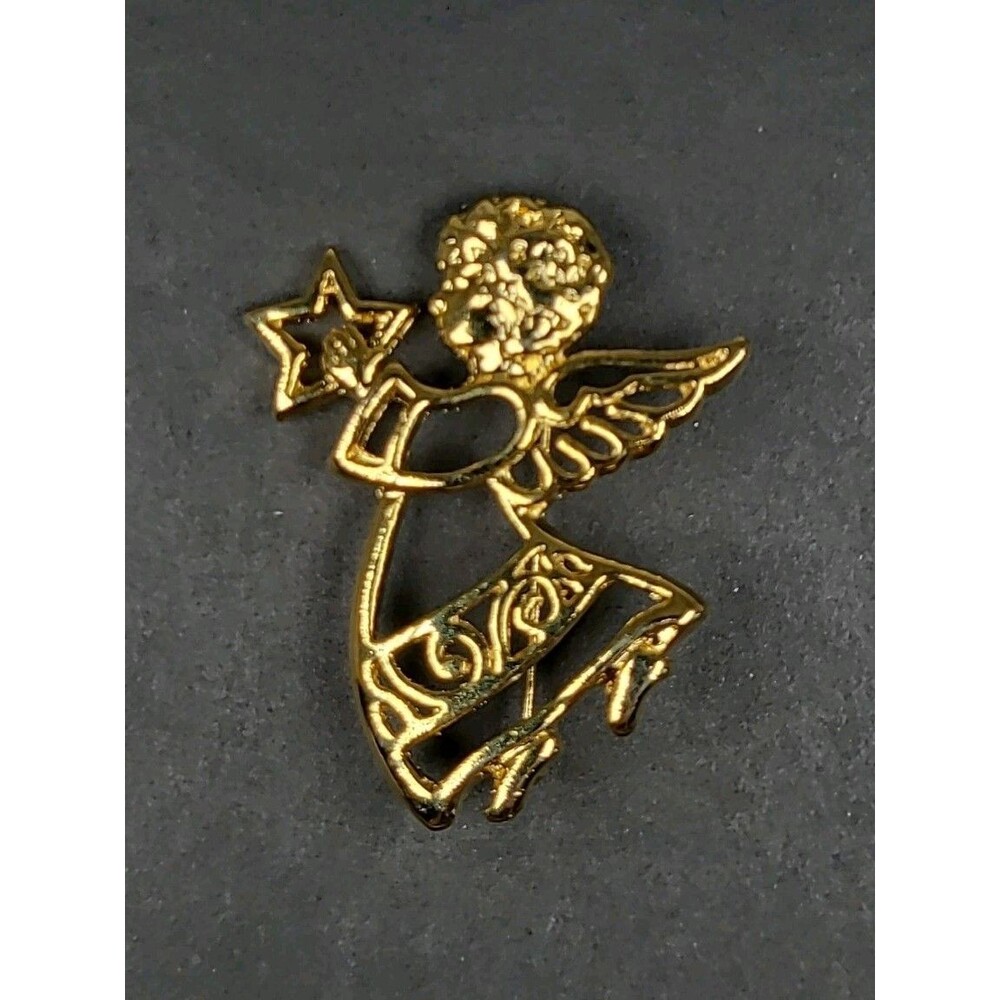 Vintage  Bright Gold Tone Angel Holding A Star CHRISTMAS Brooch